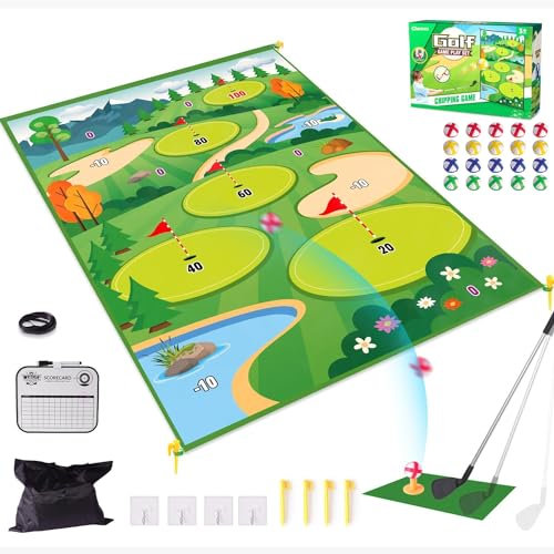 Clemas Jeu de Golf avec Tapis de Frappe, 20 Balles Adhésives, Club, Tableau de Bord, Cibles pour Intérieur et Extérieur