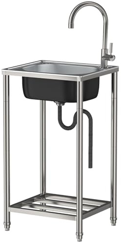 Évier Inox Autoportant Extérieur de Jardin à Cuve Simple Commerciaux avec Robinet et Support pour Cuisine, Restaurant, Buanderie, Garage