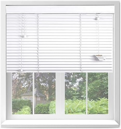 Ev Dekor White Wooden Venetian Blinds With String Design, 50mm Slats, Bathroom, Kitchen, Door, Window Blinds – 105 X 150cm