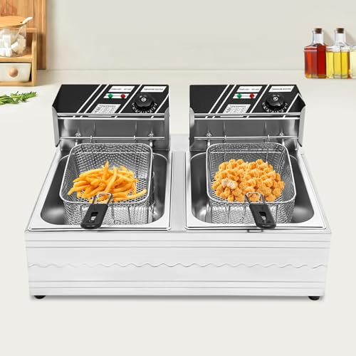 czyuRachel Friteuse électrique 12 L, double friteuse, température réglable avec tiges suspendues et tamis en filet à rôtir, poignée pour friture, frites, morceaux de poisson, argent