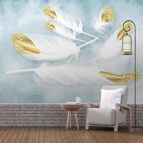 XLMING Goldgeprägte Weiße Feder 3D Dekorative Tapete Speisesaal Arbeitszimmer Wohnzimmer Schlafzimmer Sofa TV Wand-300cm×210cm