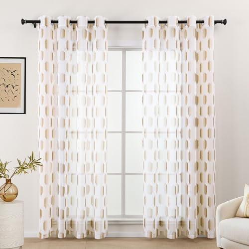 L.Z.E Vorhänge Braun Weiß, Gardinen für Wohnzimmer, Vorhang Braun Weiss für Schlafzimmer, 145 cm Fallhöhe, mit Ösen, Transparent, Geometrisches Muster, 2er Set Gardinenschal Ösenschal (LZE2237E-BR145)