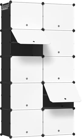 WOLTU Zapatero Blanco+Negro Plástico, Organizador de Zapatos de Panel Modular, Zapatero con 10 Compartimientos para 40 Zapatos, con Puertas y Ganchos, 35x35x45 cm (Compartimento)
