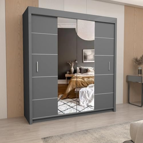 IE INTERIOR EMPORIUM Oslo Mirror Sliding Door Wardrobe – 150cm, 180cm, 203cm, 250cm – Includes 1 LED (Grey, 150cm)