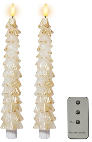 DN DECONATION White and Gold Tree Shaped Christmas Flameless Candle Set of 2