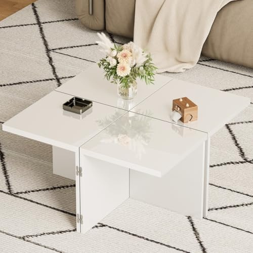 BTM Weiß DIY Couchtisch, Hochglanz Tischplatte, 4 Kleinen Tischen freie Kombination(Einzeln oder in Kombination Verwenden), Wohnzimmertisch, Minimalistischer Kaffeetisch, Kompakter Beistelltisch