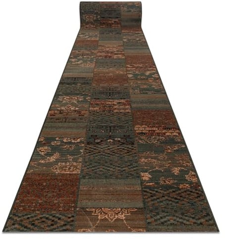 rugsx KASHQAI Läufer 4327/400 - Wollteppich - Teppich für Flur & Wohnzimmer - Orientalisch, Patchwork grün 67x930 cm