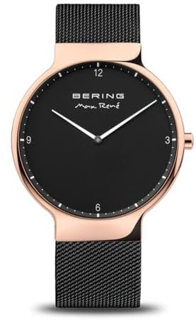 BERING 15540-262 Orologio da uomo al quarzo, orologio da polso con cassa in acciaio inossidabile color oro rosa da 40 mm e quadrante nero, cinturino in maglia milanese, vetro zaffiro, 5 ATM