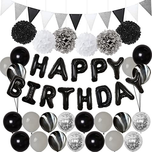 Kreatwow Schwarz Silber Geburtstag Dekorationen Männer Frauen Schwarz Weiß Marmor Konfetti Luftballons Kit Happy Birthday Banner Girlande Seidenpapier Pom Poms für 16. 18. 21. 30. 40. Geburtstag