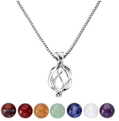 JSDDE 7 Chakra Reiki Healing Crystal Gemstones Natural Beads Round Shape Hollow Locket Pendant Necklace (Silver)