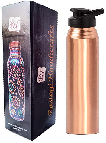 Rastogi Handicrafts Wasserflasche aus reinem Kupfer, 1000 ml Fassungsvermögen, fugenlos, einfache Flasche mit Kunststoffdeckel