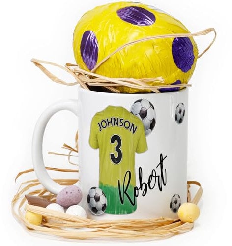 Personalised Mug and Belgian Milk Chocolate/Hot Chocolate Stirrer Marshmallow Gift Set, Customised with Name / Number / Text, (11oz) White, Blue, Black, Pink Mug with Green and Yellow Football Shirt