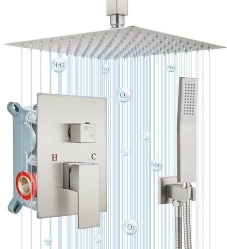 Airuida 30.5 cm quadratische Duscharmatur aus gebürstetem Nickel, raues Ventil, Badezimmer, luxuriöse Deckenhalterung, SUS304, ultradünn, Regenduschkopf, Messing, Handbrause, Duschsystem, Set