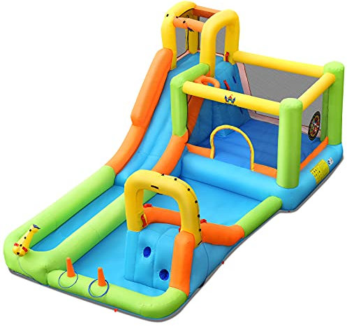 GYMAX Bounce Castle House, Multifunction Inflatable Bouncy Playhouse with Double Slide and Climbing Wall, Indoor Outdoor Jumping Activity Center for 3-10 Years Old (Orange + Yellow + Green)