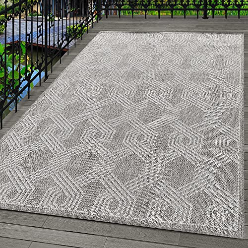 In- & Outdoor Teppich Robuster, Geometrisch Muster, Rechteckig, Grau und Creme Farbe, Flachgewebe, Wetterfest, für Terrasse, Balkon, Küche, Bad oder Wohnzimmer, Größe:120 x 170 cm