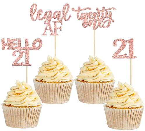 Gyufise 24Pcs Rose Gold Glitter 21st Birthday Cupcake Toppers Legal AF Cake Decorations Hello 21 Twenty One Cupcake Picks for 21st Birthday Cake Decorations Supplies