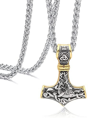 Thors Hammer Halskette, Wikinger Kette, Herren Mjölnir Kette, Mjölnir Halskette aus Edelstahl Viking Anhänger als Bedeutsame Geschenke für Männer, Boy, Gold Farbe