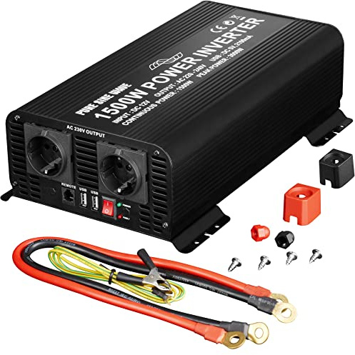 tectake 404562 Spannungswandler 12V auf 230V, Reiner Sinus Wechselrichter 1500W/3000W, KFZ Power Inverter DC AC mit Steckdosen und 2 USB-Anschlüssen, Stromwandler für Auto Wohnwagen Wohnmobil
