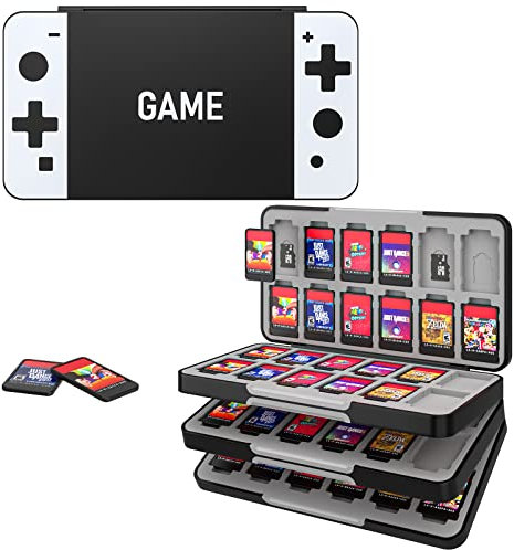 MoKo Spiel Aufbewahrungsbox Kompatibel mit Nintendo Switch 2/Switch OLED 2021/Lite, Game Case mit 72 Game Card Slots & 24 SD Card Slots, Schlank Tragbar Spiele Organizer, Schwarz + Weiß