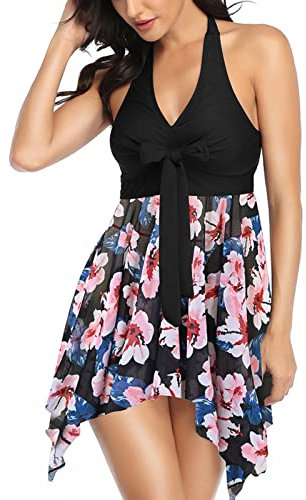 CIZEUR Maillot de Bain Jupette Tankini Grande Taille Femme Push Up Robe de Bain Transparente 2 Pieces Cache Ventre S Fleurs Noires