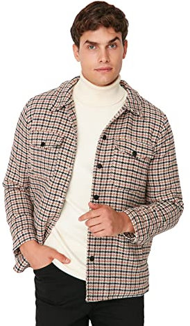 Trendyol Men's Herren Regular Basic Plaid Webstoff Winterjacke Coat, Camel, M