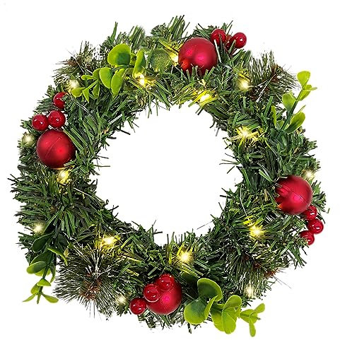 Weihnachtskranz Für Tür Mit Led Beleuchtet, Türkranz Weihnachten Außen Mit Rot Kugeln, Kranz Weihnachten Haustür Outdoor Zum Aufhängen, Weihnachtsdeko Innen Tisch Fenster Tischdeko Amerikanisch (20CM)
