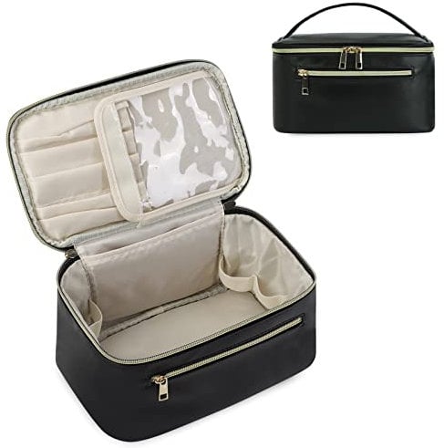 Travel Makeup Bag with Brush Compartment, Large Cosmetic Bags, PU Leather Makeup Case with Handle, Water-Resistant for Women, Black (Patent Pending)