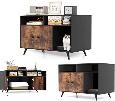 GYMAX Meuble Litière pour Chat avec Planche de Griffoir, Style Industriel, Maison de Toilette Chat avec Double Porte, Table de Nuit en Bois pour Maison d'Intérieur
