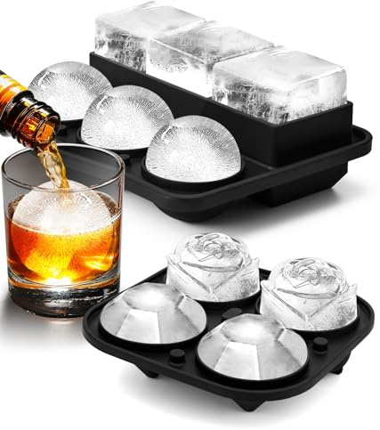 Ice Cube Trays with Lids, Large Silicone Ice Molds for Whiskey, Set of 2 | Make 2.5-inch round, square, rose and diamond ice that melts slower for whiskey, bourbon, cocktails and home bar drinks