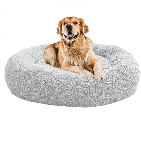 XIEMINLE Beruhigendes Donut-Welpenbett, für Zuhause, Welpen, rund, Plüsch, waschbar, Hundesofa, Bett, Haustierkissen für kleine/mittelgroße Hunde, Katzen, Hundekissenkorb, 80 cm, Grau