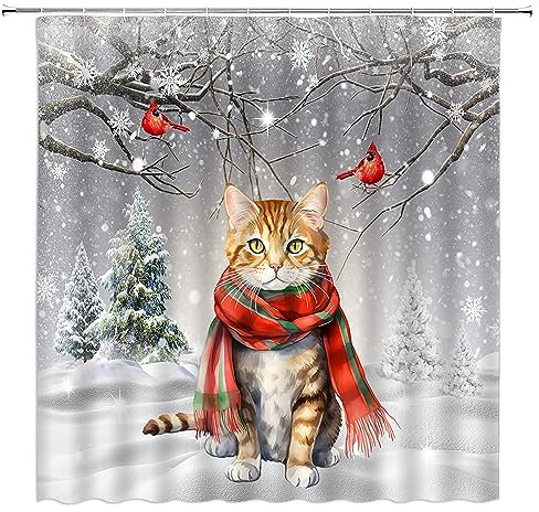 NYDSZNE Rideau de douche en tissu avec crochets - Motif chat de Noël mignon - Oiseaux rouges - Sapin - Flocon de neige - Gris rêveur - Vacances d'hiver - Festival - Décoration