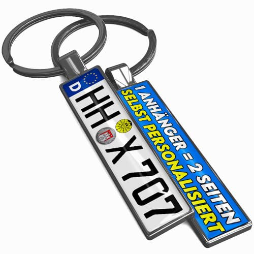SONZE Wunsch Kennzeichen Schlüsselanhänger - beidseitig personalisert Nummernschild Namensschild als Metall Autoschlüssel-Anhänger mit Gravur Individuelles Geschenk für Autofahrer