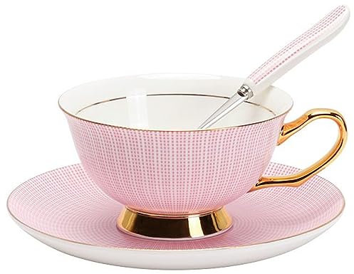 Eplze Bone China Cup and Saucer Set, 6.8oz Coffee Cup for Afternoon Tea- Embossed Texture (Pink)