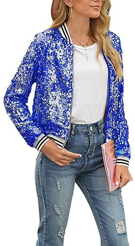 Felcia Damen Zip Up Jacke Casual Glänzende Pailletten Leichte Jacke Langarm Cardigan Party Kostüm, A-Blau, 48