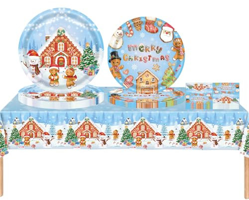 53Pcs Christmas Party Tableware Decorations Set,Christmas Blue Gingerbread Man Tableware Party Table Cloth,7inch Paper Plates,Paper Napkins,9inch Plates for Xmas Picnic,Christmas party Supplier