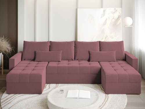 BROMARKT Ecksofa mit Schlaffunktion 289x143x83 - Wohnlandschaft U Form - Kollektion HOT U Lite - Eckcouch - Samt Couch U Form – Rosa