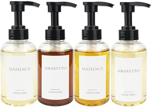 DRERIO Distributeur Sirop de Café, 4 Bouteille de Sirop en PET 300ml, Pompe Sirop Distributeur de Pompe à Café pour Bar à Café et Cuisine