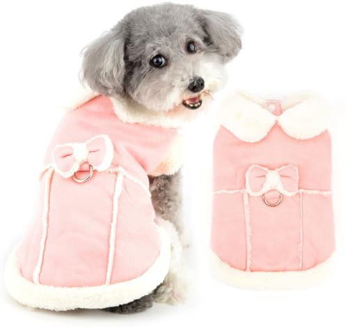Ranphy Faux Suede Small Dog Coat, Cold Weather Warm Puppy Jacket with Bowknot and D-ring Fuzzy Collar Girls Winter Clothes Fleece Lined Pet Vest Chihuahua Yorkie Cat Apparel,Pink,S