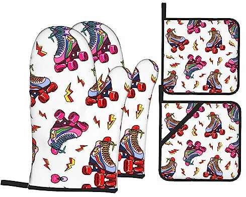 Juego de guantes de horno y soportes para ollas con estampado de patines de ruedas de color para cocinar, hornear, barbacoa, horno, guantes de horno resistentes al calor