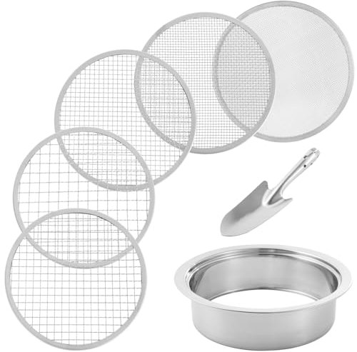 Set di setacci per il suolo in acciaio inox per giardinaggio con 5 misure di diametro 20,3 cm di diametro 1/3/6/9/12 mm maglie intercambiabili - Setacci da giardino con pala - Setacci per piantare