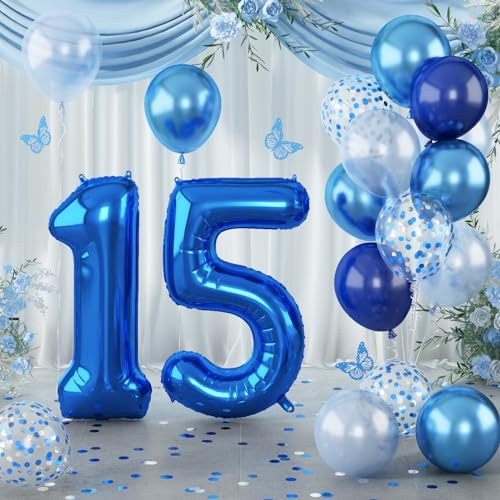 Palloncino per 15° compleanno per ragazzi, in lamina di alluminio autogonfiante numero 15 blu scuro metallizzato, blu navy, grande palloncino in Mylar con coriandoli argentati in lattice, per uomini,