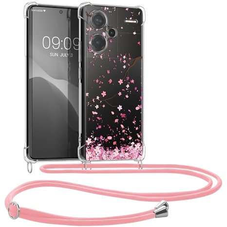 kwmobile Necklace Case kompatibel mit Xiaomi Redmi Note 13 Pro+ 5G / Redmi Note 13 Pro Plus 5G Hülle - Silikon Cover mit Handykette - Rosa Dunkelbraun Transparent Kirschblütenblätter