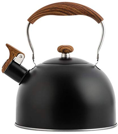 Pfeifender Teekessel, 2,5 L, Edelstahl, Herd, Teekanne, Wasserkochtopf, Heizkessel, Wasserkrug, Kaffeemaschine Mit Holzgriff Für Die Küche Zu Hause, Schwarze Teekanne (Schwarz, 22,5 X 19,5 X 19,5 Cm)