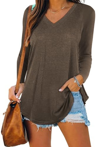 iChunhua V Neck Long Sleeve T Shirt Women Loose Spring Casual Tee Tops Coffee Large