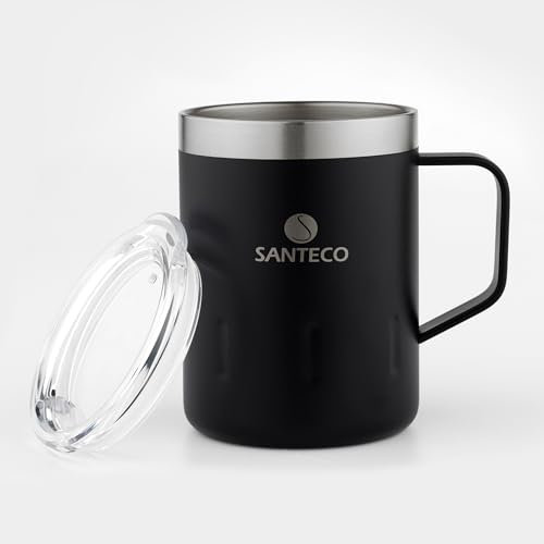 Purepower Santeco Taza Térmica, Taza de Café 350 ml, Taza de Café para Llevar de Acero Inoxidable Térmica, Mantiene Caliente/Frío durante 6 Horas, Tapa Transparente 100 por ciento Hermética, Negro