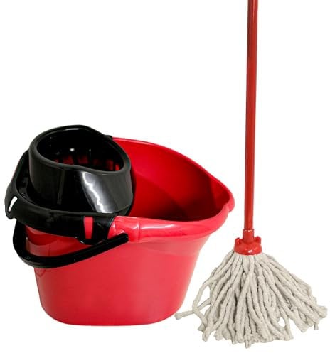KMJ Red Mop and Buckets Sets with 2X Mops & Detachable Wringer- Classic Cleaning Plastic Mop and Bucket- Durable Plastic Bucket and Floor Mop Microfibre Mop and Bucket Set