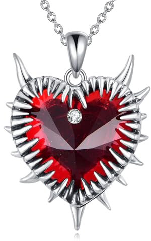 VENACOLY Gotische Stacheldraht Halskette S925 Sterling Silber Rotkristall Barb Draht Herz Anhänger mit Spiked Heart Punk Halsketten für Frauen Männer Unisex Goth Schmuck