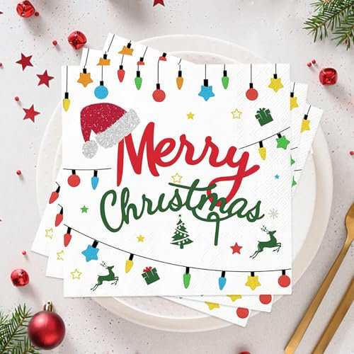 Wentsent Servietten Weihnachten Rot Grün, 100Stück Weihnachtsservietten mit Weihnachten Bunte Lichterketten Merry Christmas Motiv 3-lagig Einweg Servietten Tischdeko für Silvester Winter Geburtstag