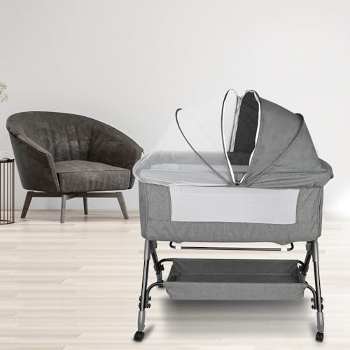 Berceau Cododo avec Matelas et Moustiquaire, Maille Respirante, Moustiquaire, 2 in 1 Lit Bébé Cododo pour Les Bébés de 0 à 36 Mois Pliable -104*52*100-110 cm (4 niveaux de hauteur) - gris lin
