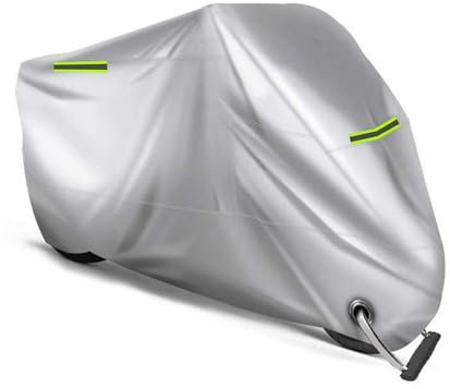 Momooda wasserdichte Motorrad Abdeckplane Outdoor mit Schlosslöchern, Ganzjährig schneefest, Motorradabdeckung UV-Schutz, Roller-Unterstand, nachtreflektierend, Silber, 200x90x100cm